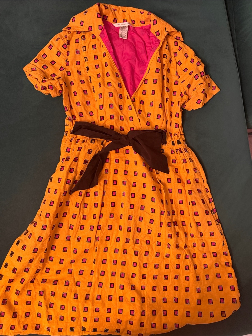 Diane Von Furstenberg Orange Square-Print Tie-Waist Dress
